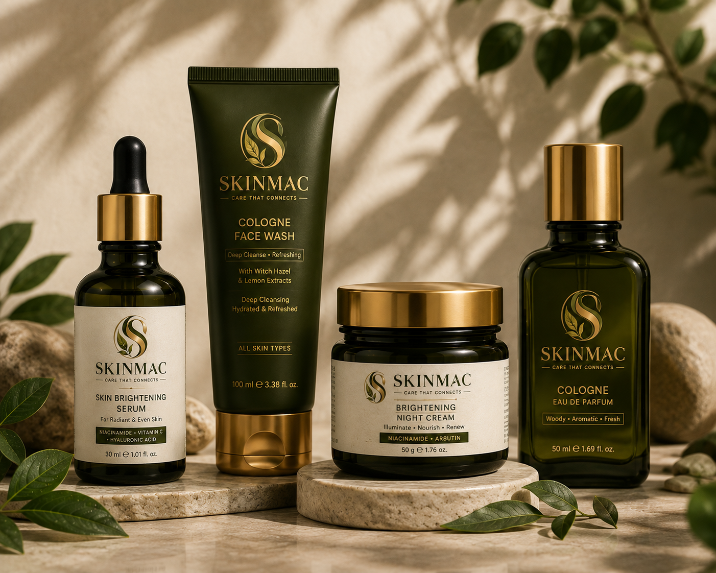 SKINMAC serum, face wash, night cream and cologne